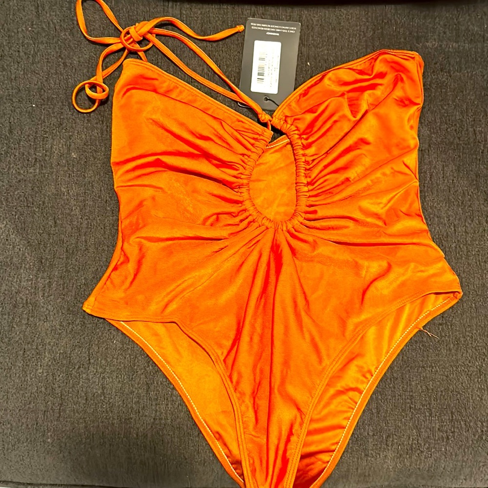 Orange Scoop Neck Ruched Swimsuit
